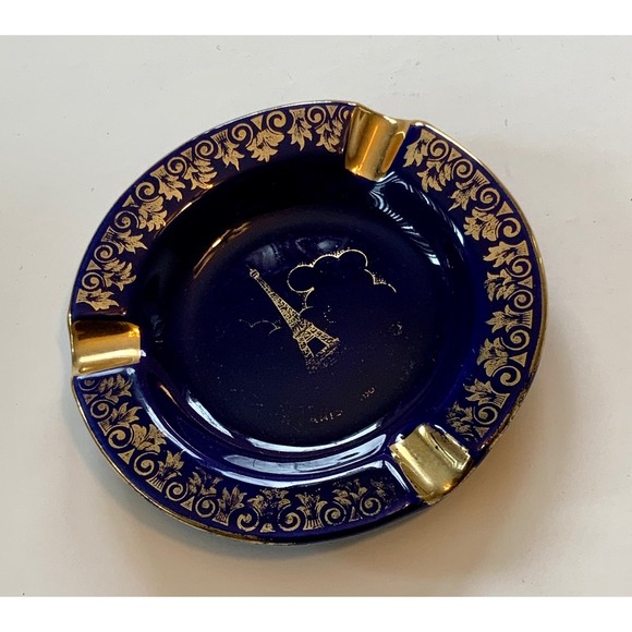 Collectible Vintage Limoges Porcelain Ash Tray Deep Blue 4.5" Round - Picture 4 of 4